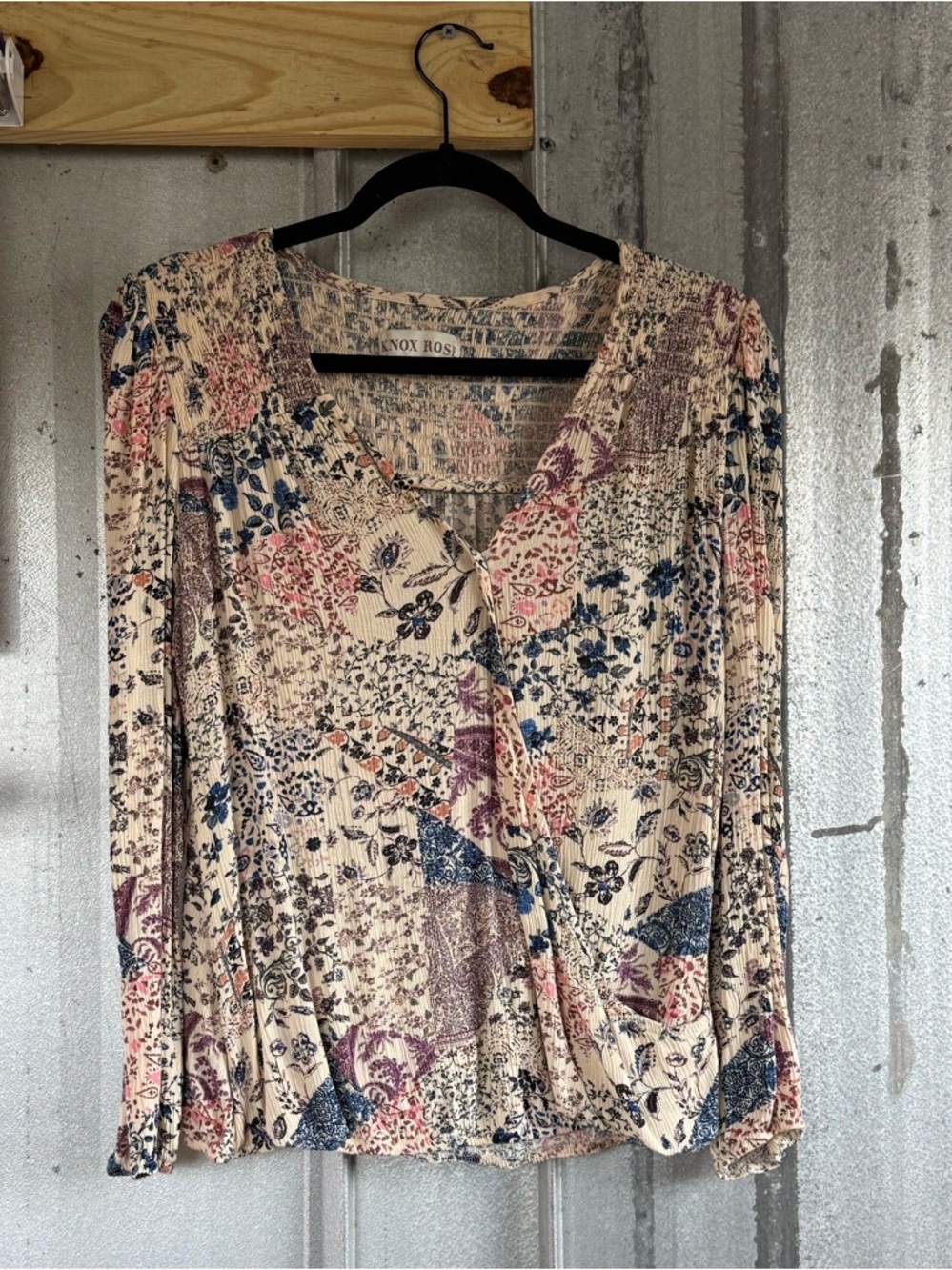 Knox Rose Cream Floral Patchwork Faux Wrap Blouse